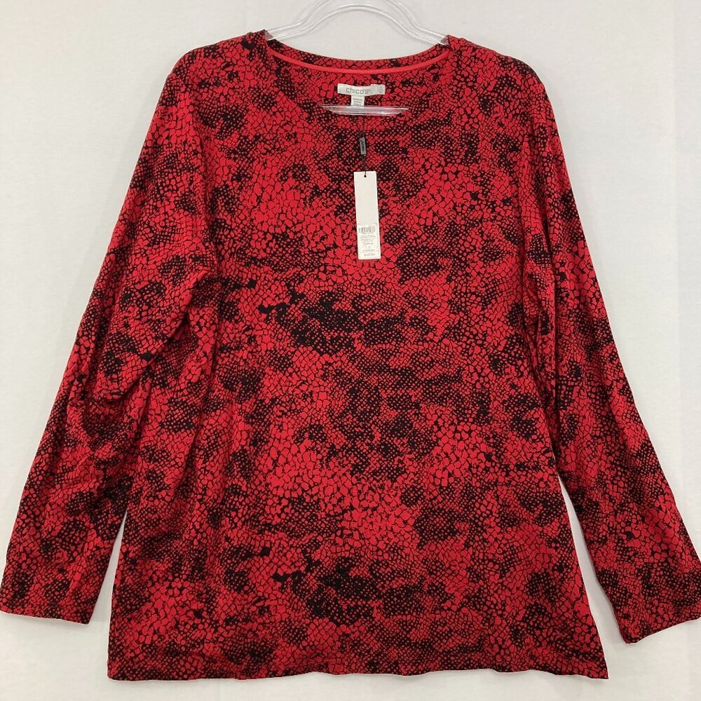 New Chico's size XL/3 Black Red Mosaic Snake Print Stretch Long Sleeve‎ Blouse